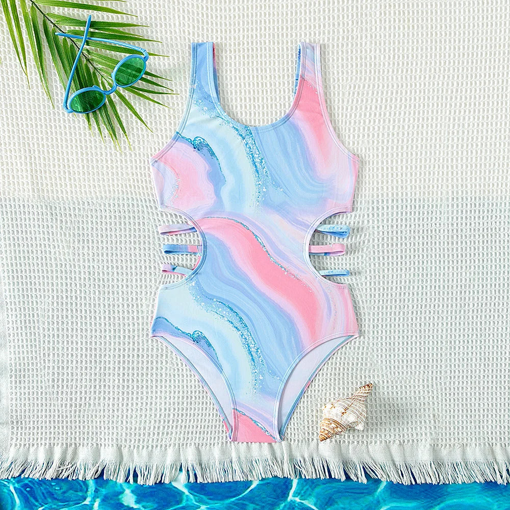 Marble Print One-Piece Swimwear - High-Waist Quick-Dry Kid's Swimsuit