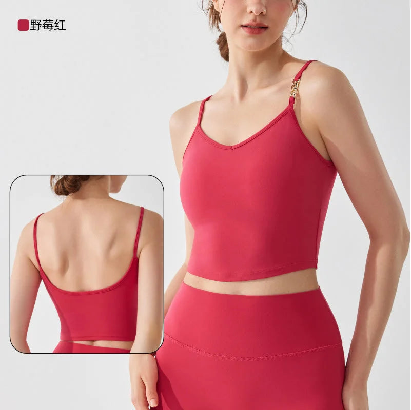 Nude Feel One-Piece Yoga Bra with Built-in Bra Cup, Spaghetti Strap Tank Top