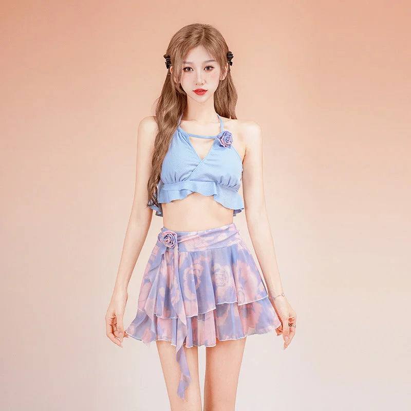 Light Blue Crop Bikini Top & Ruffle Mini Skirt Set