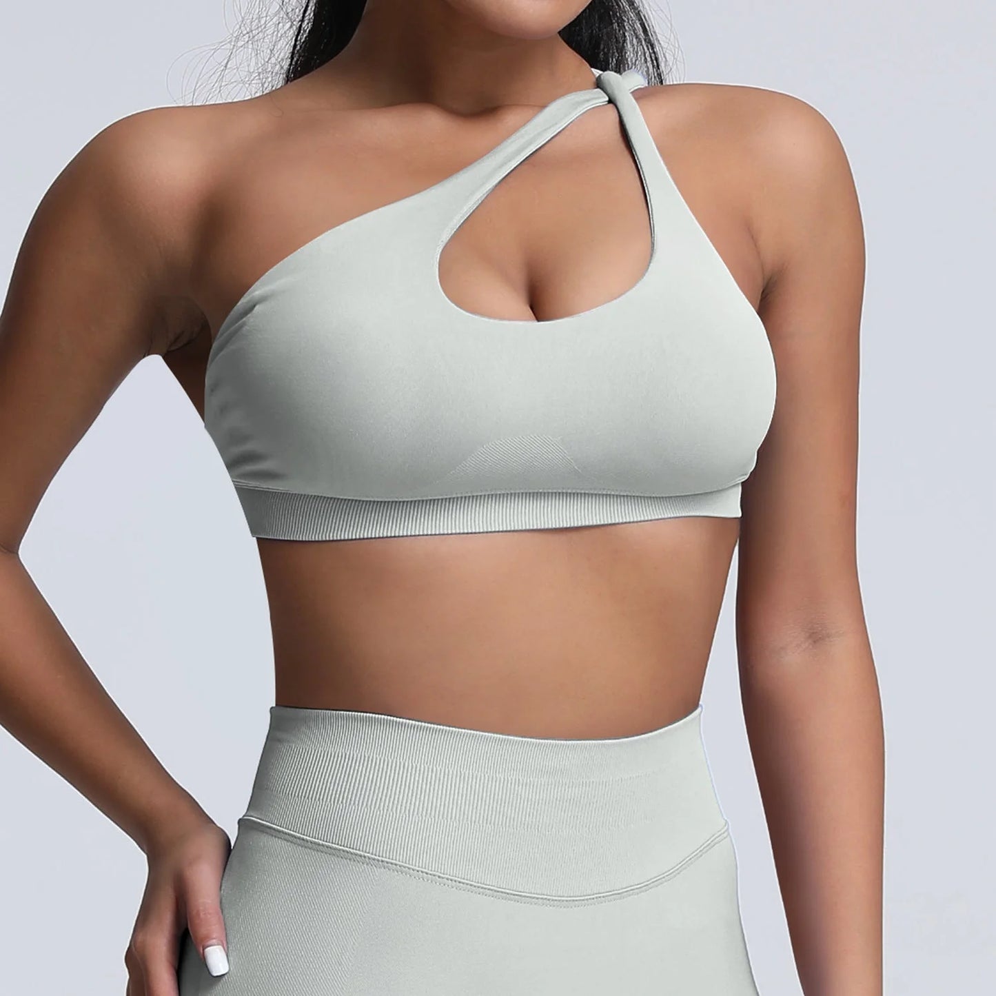 seamless matte nylon sports bra with shoulder strap and open back