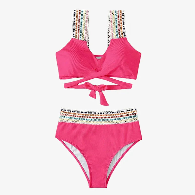 High Waisted Ribbed Bikini Set with Contrast Trim - Sexy Swimwear