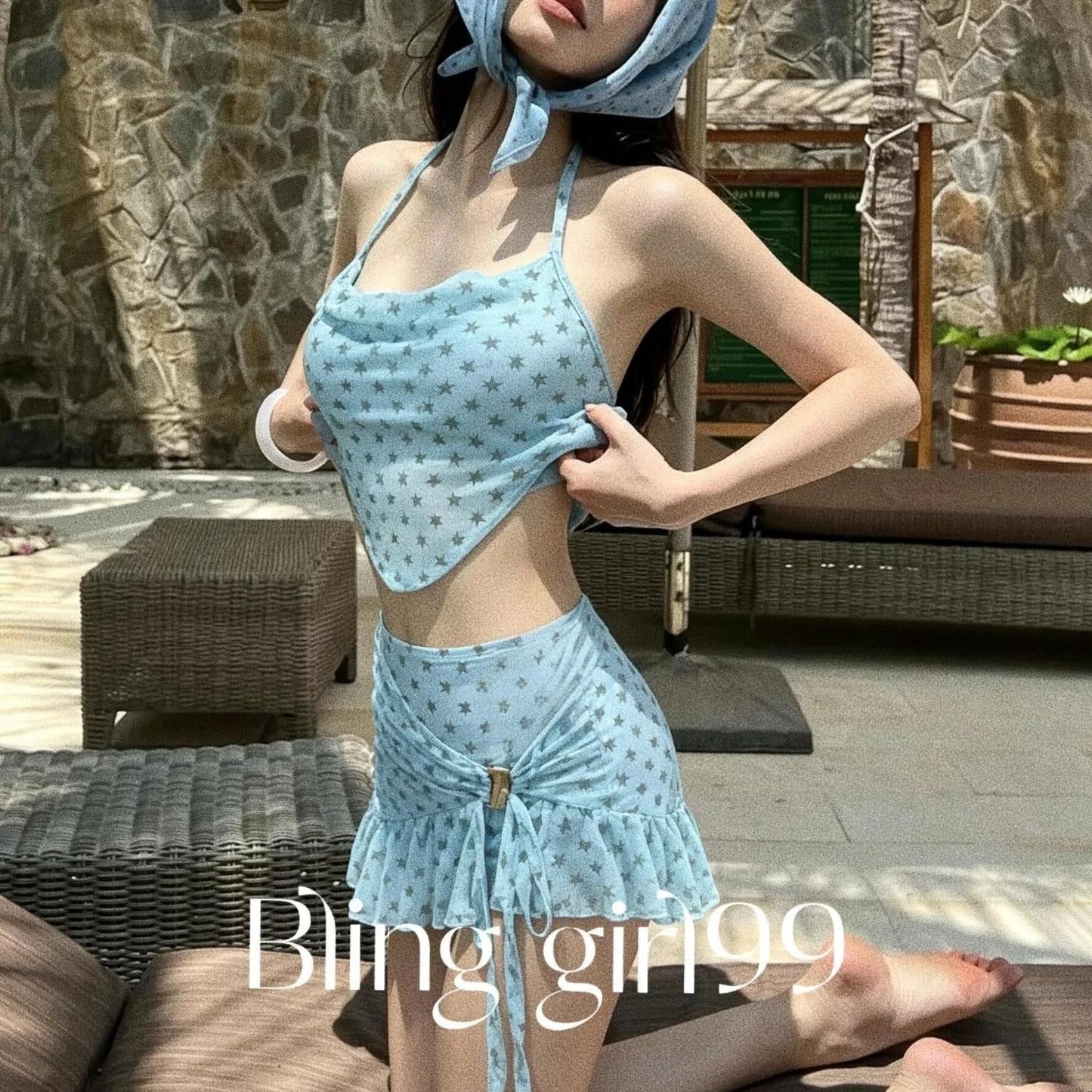 Blue Two-Piece Skirt Bikini Set