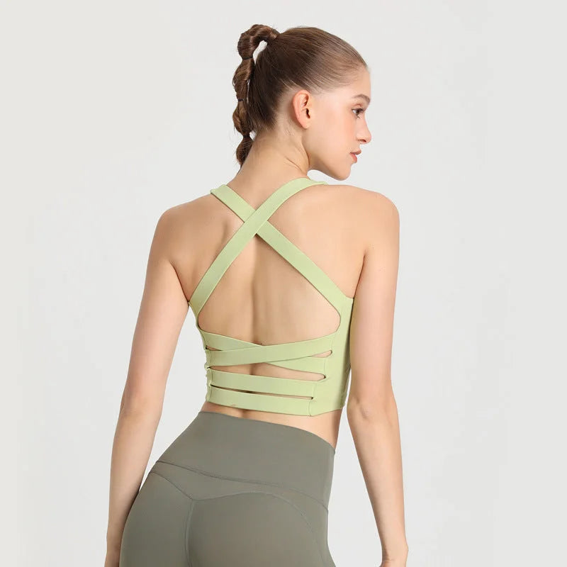 Apple Green Double Face Lingerie Sports Bra with Cross Back Support