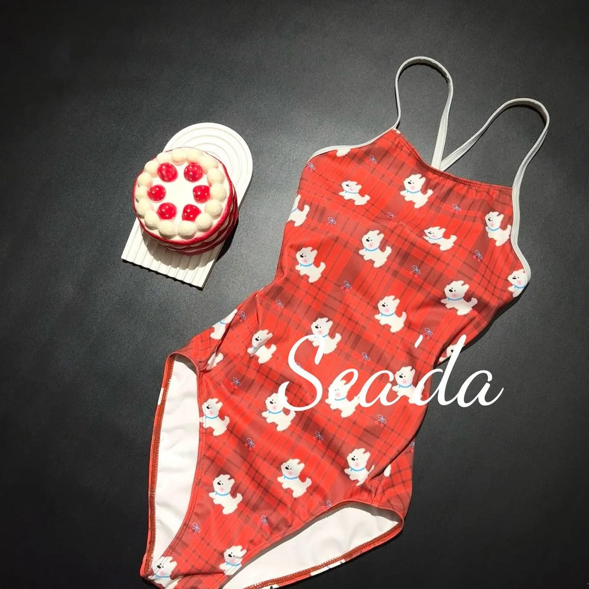 Red Cartoon Dog Print One-Piece Swimwear