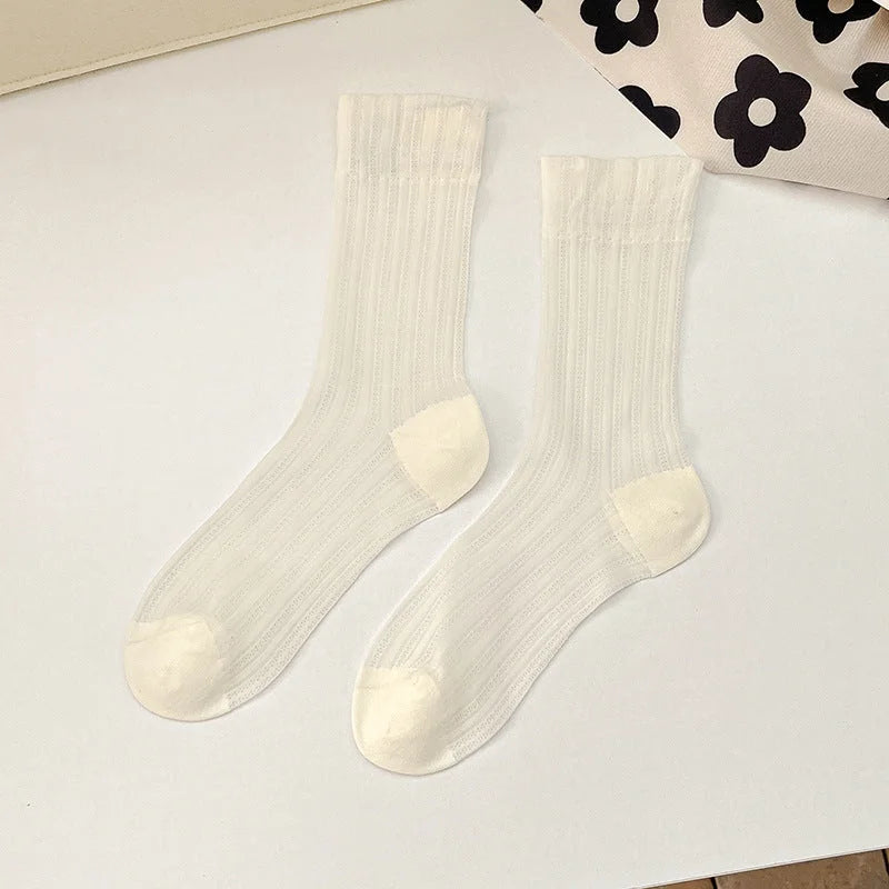 Breathable Mid Calf Sheer Socks for Women - Summer Thin Ribbed Crew Socks