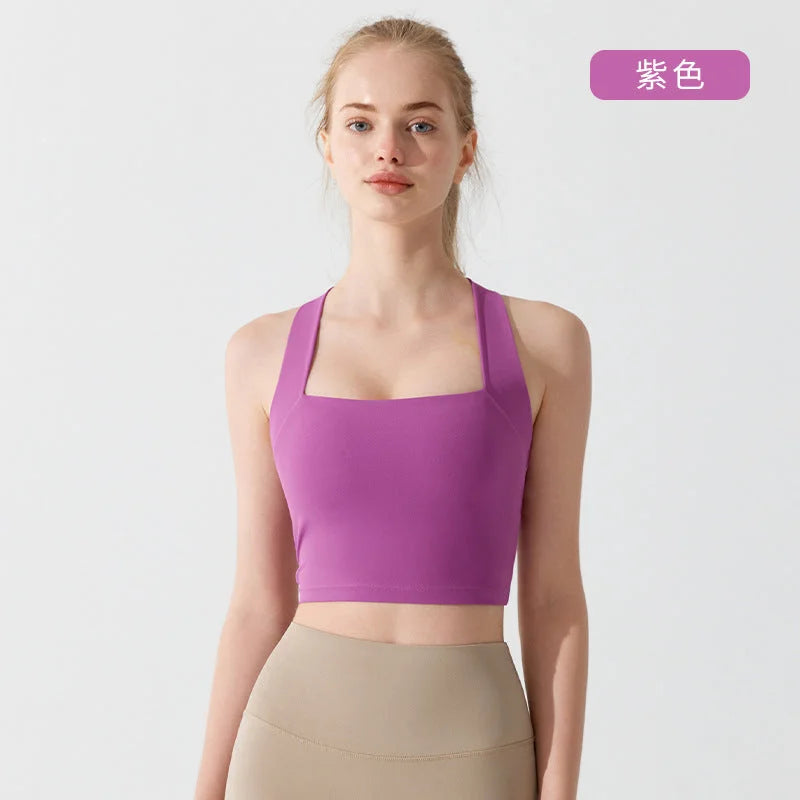 Summer Nude-Feel Antibacterial Crisscross Back Sports Bra Wide Shoulder Strap High Impact Yoga Bra