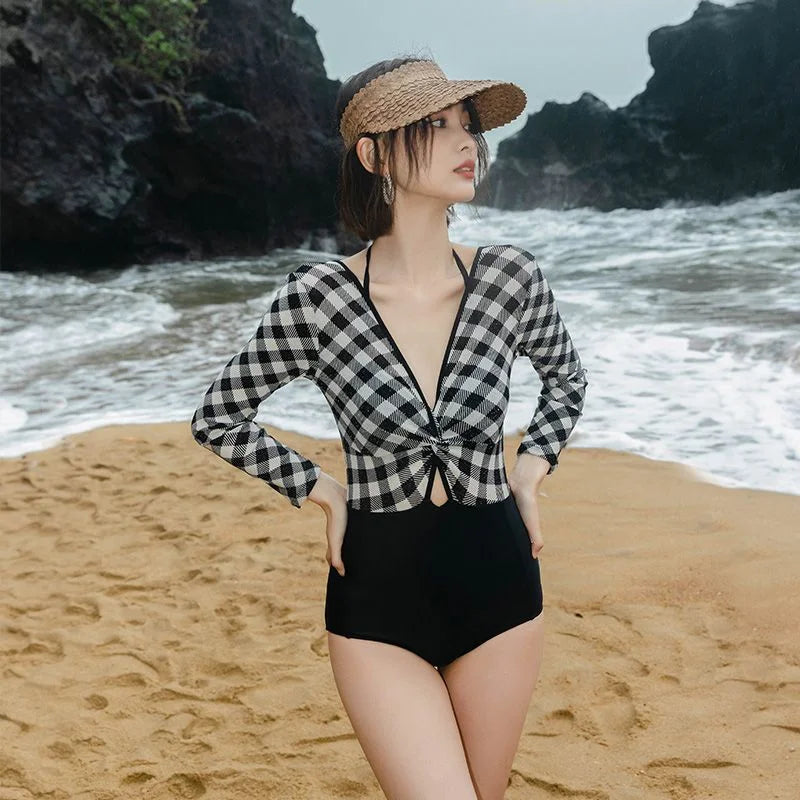 Sleeveless Cut-Out One-Piece Swimwear - Black Grid Print Concealing Slimming Design