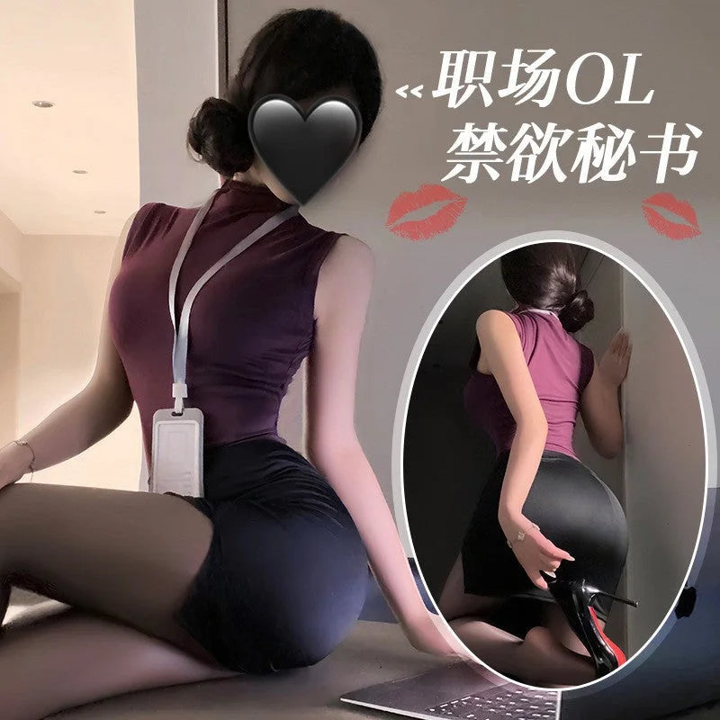 Secreteer office uniform lingerie set with bodycon skirt and sheer stockings