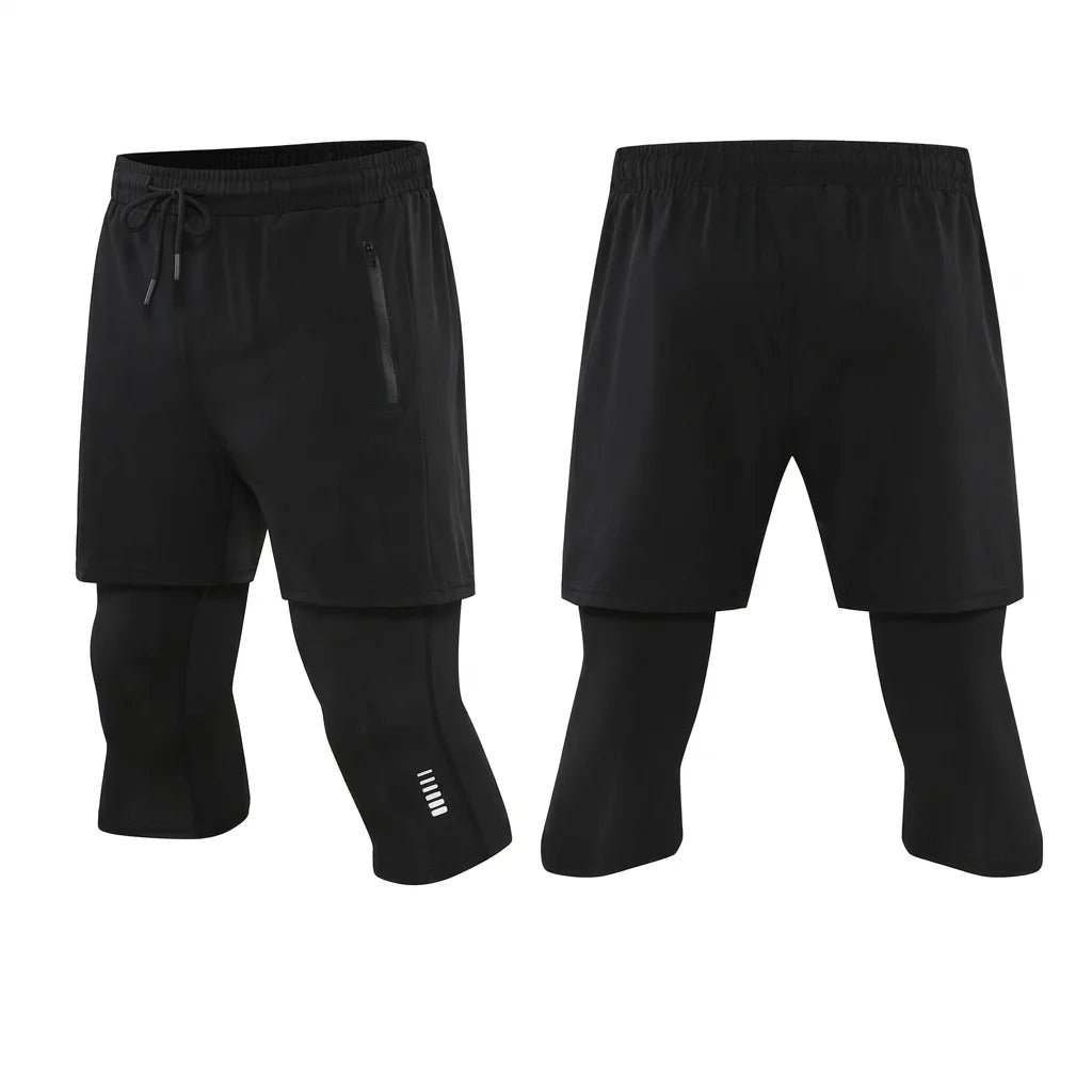 Men's Polyester Fake Two-Piece Compression Running Shorts