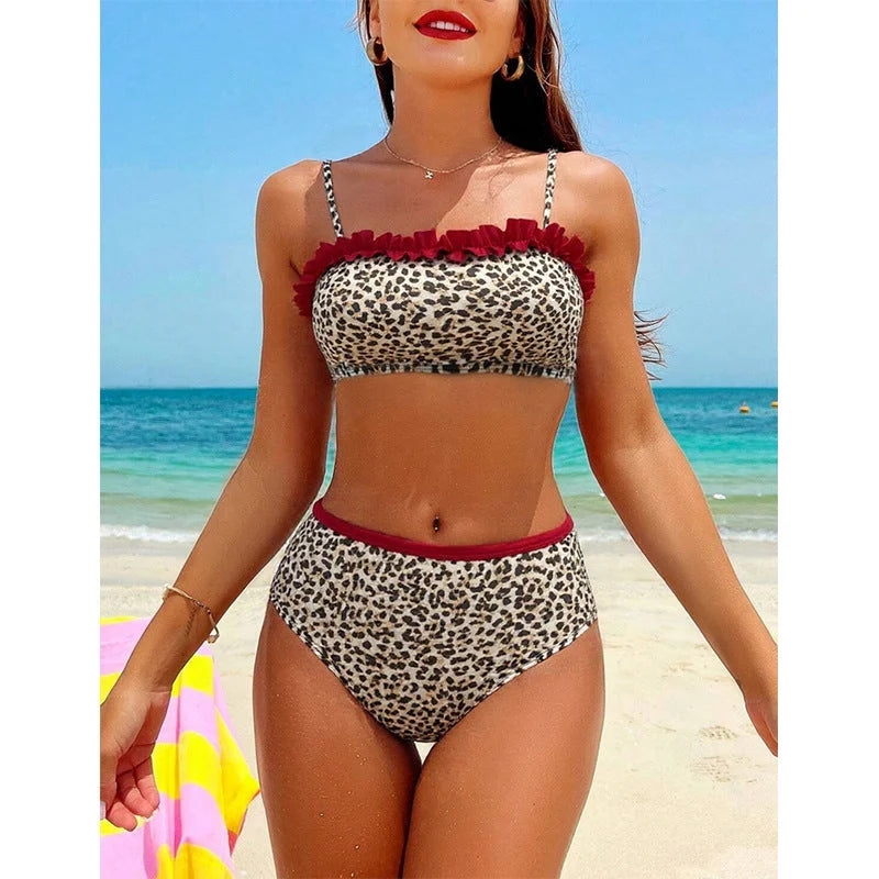 Leopard Print Ruffle Trim Strappy Bandeau Bikini High Waist Tummy Control