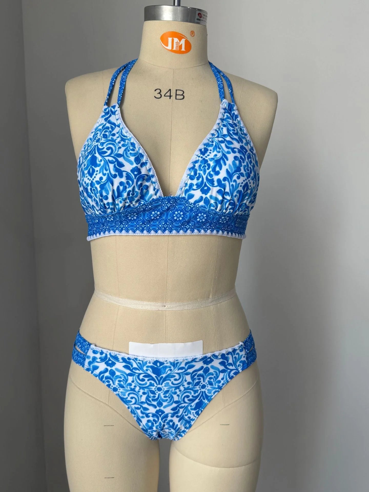 Halter Neck Lace Trimmed Floral Print Bikini Set