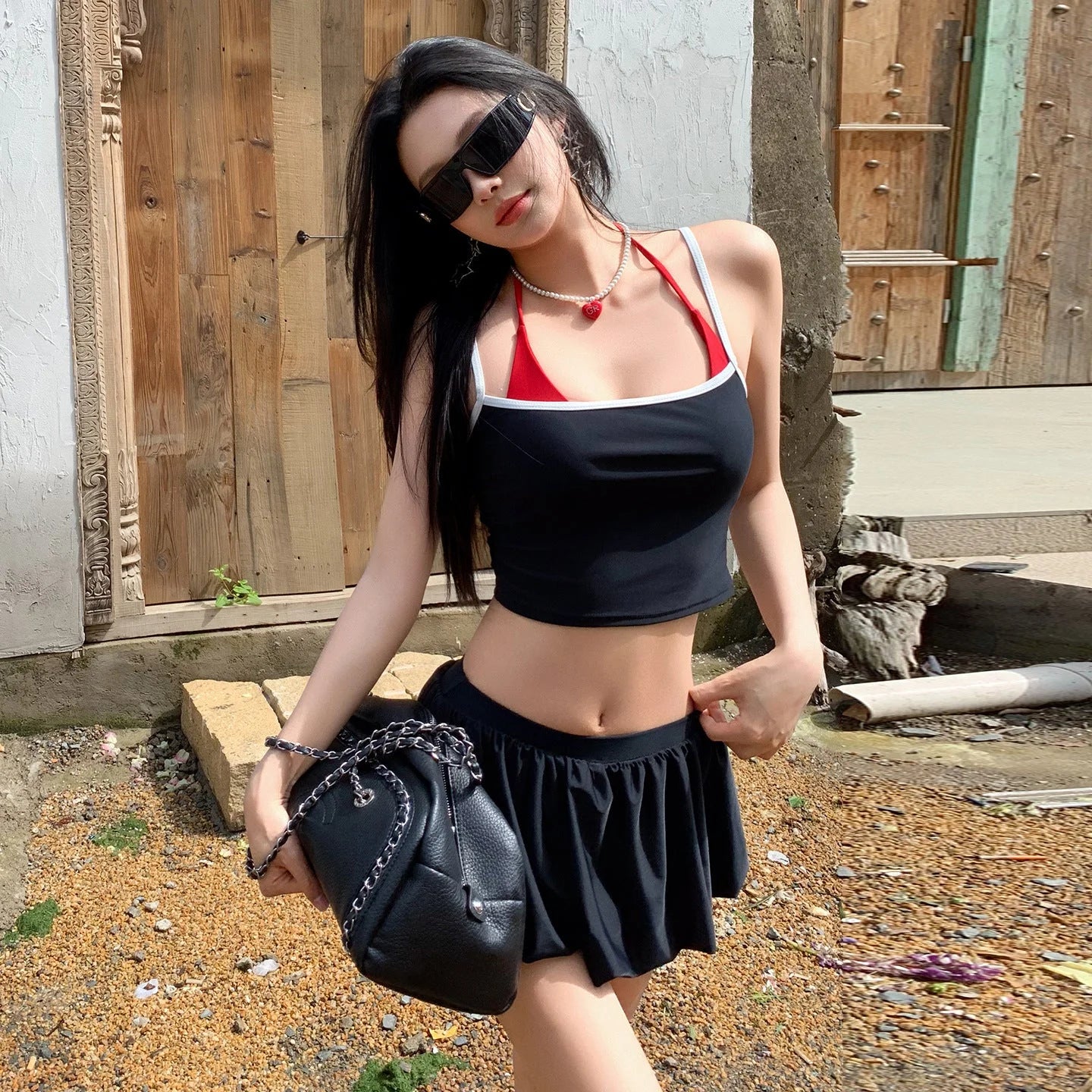 Crisscross Contrast Skirt Bikini Set - Black Camisole Top & Pleated Mini Skirt