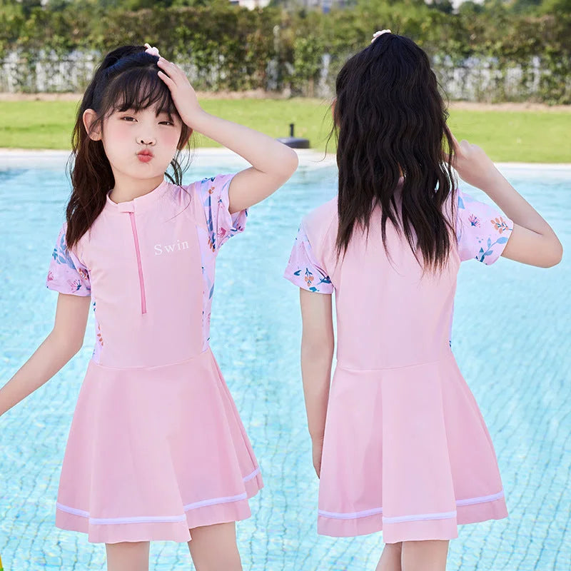 Girls Floral One Piece Swim Dress - Summer Kid's Swimsuit