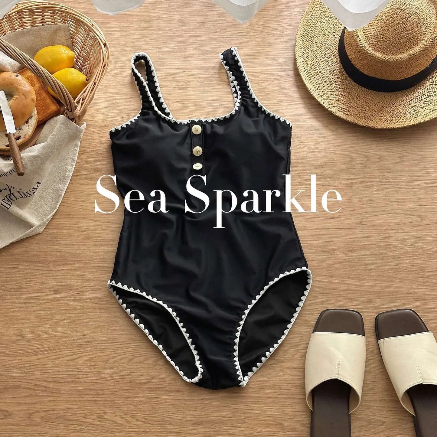 High-End Embroidery Trim Black One-Piece Swimsuit with Skirt
