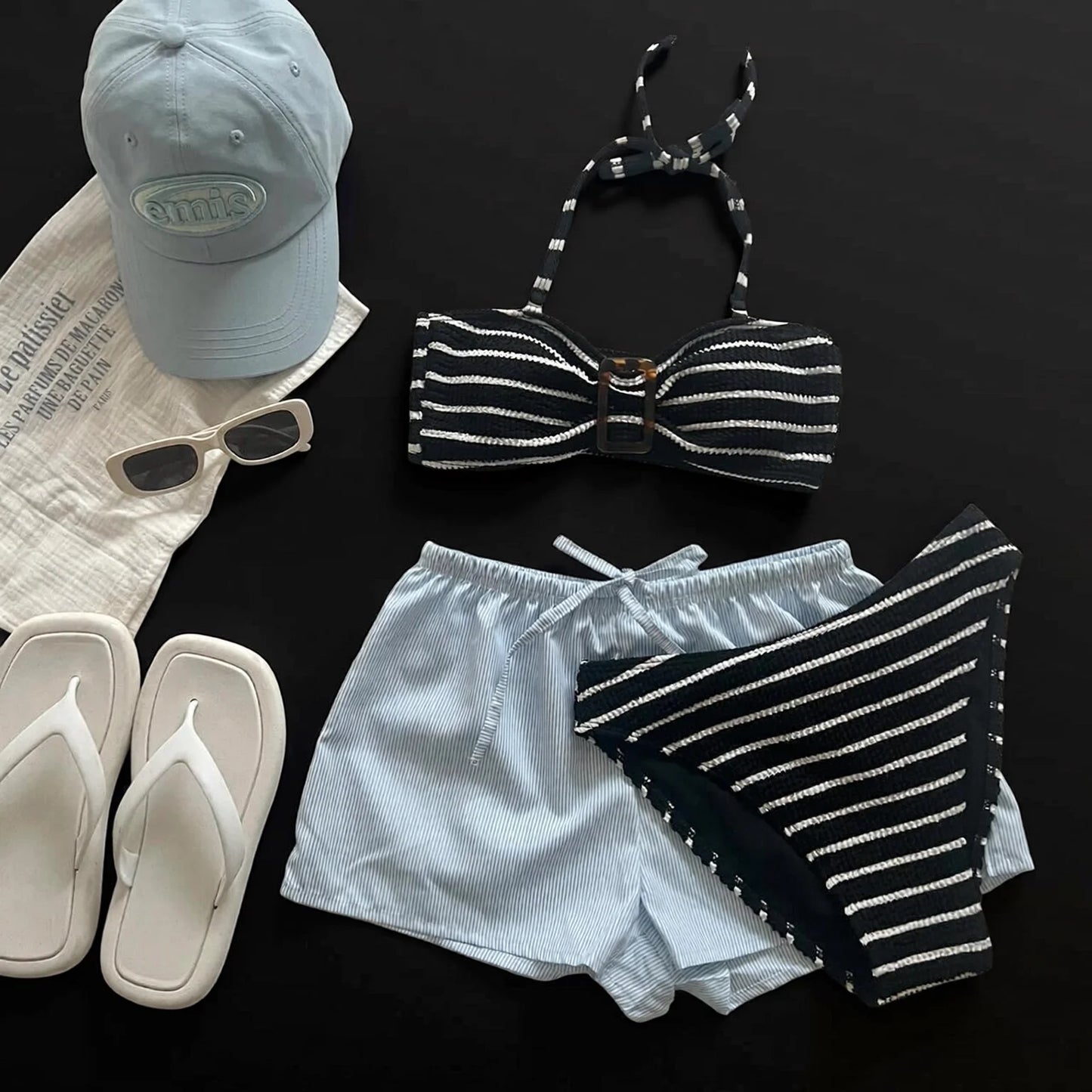 Black Striped Bandeau Bikini with Bow Tie
