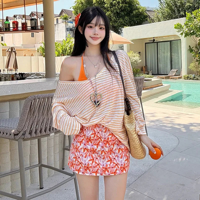 Striped Knit Cover-Up Set & Floral Mini Skirt Beach Bikini