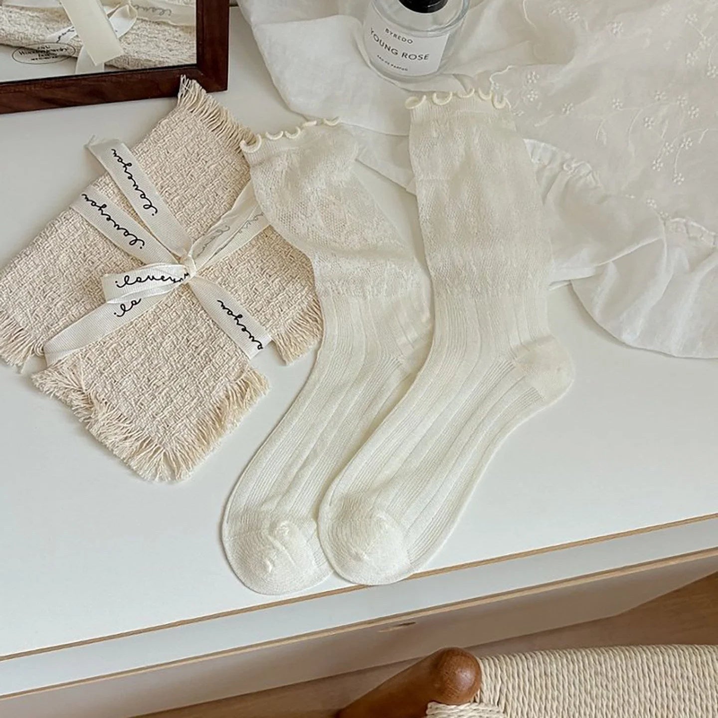 White Lace Ruffle Ankle Socks Women - Sheer Breathable Ballet Style