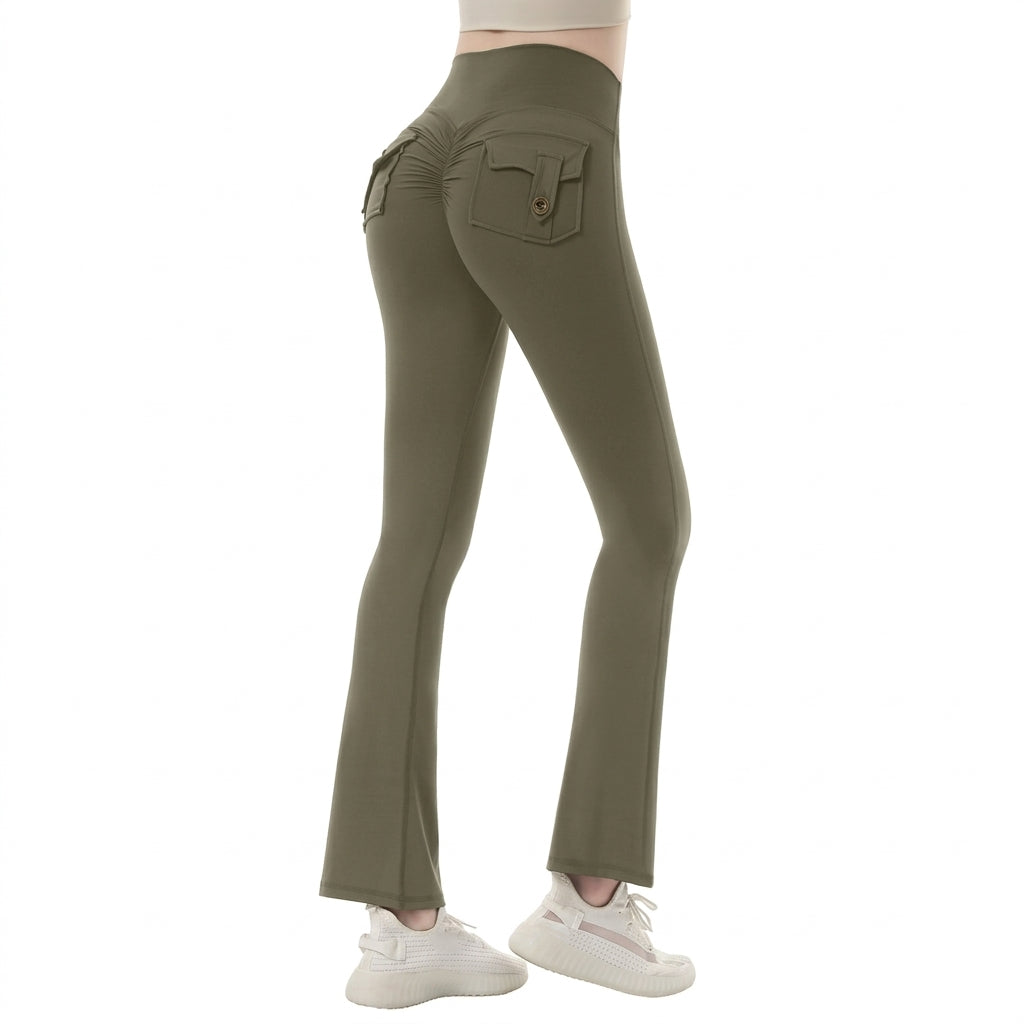High-Waist Micro-Flare Yoga Pants Cargo Pockets