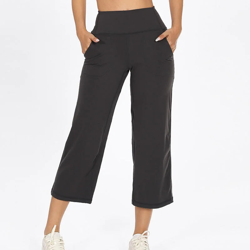 High-waisted wide-leg mid-length yoga pants - bare feel everyday commuter elastic breathable quick-dry