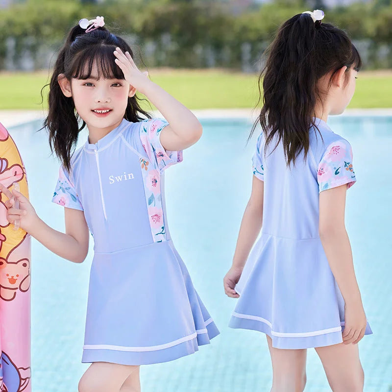 Girls Floral One Piece Swim Dress - Summer Kid's Swimsuit