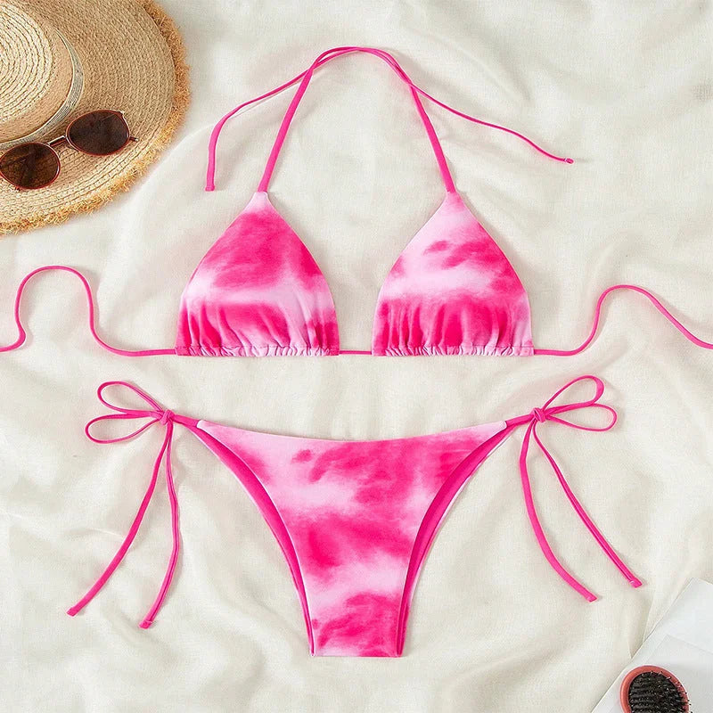 Tie-Dye Bikini Set - Halter Neck String Bikinis