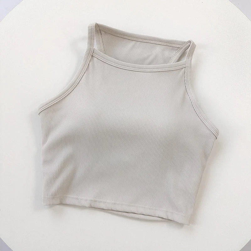 Ribbed Scrunch Yoga Sports Bra - High Neck Camisole Tank Top