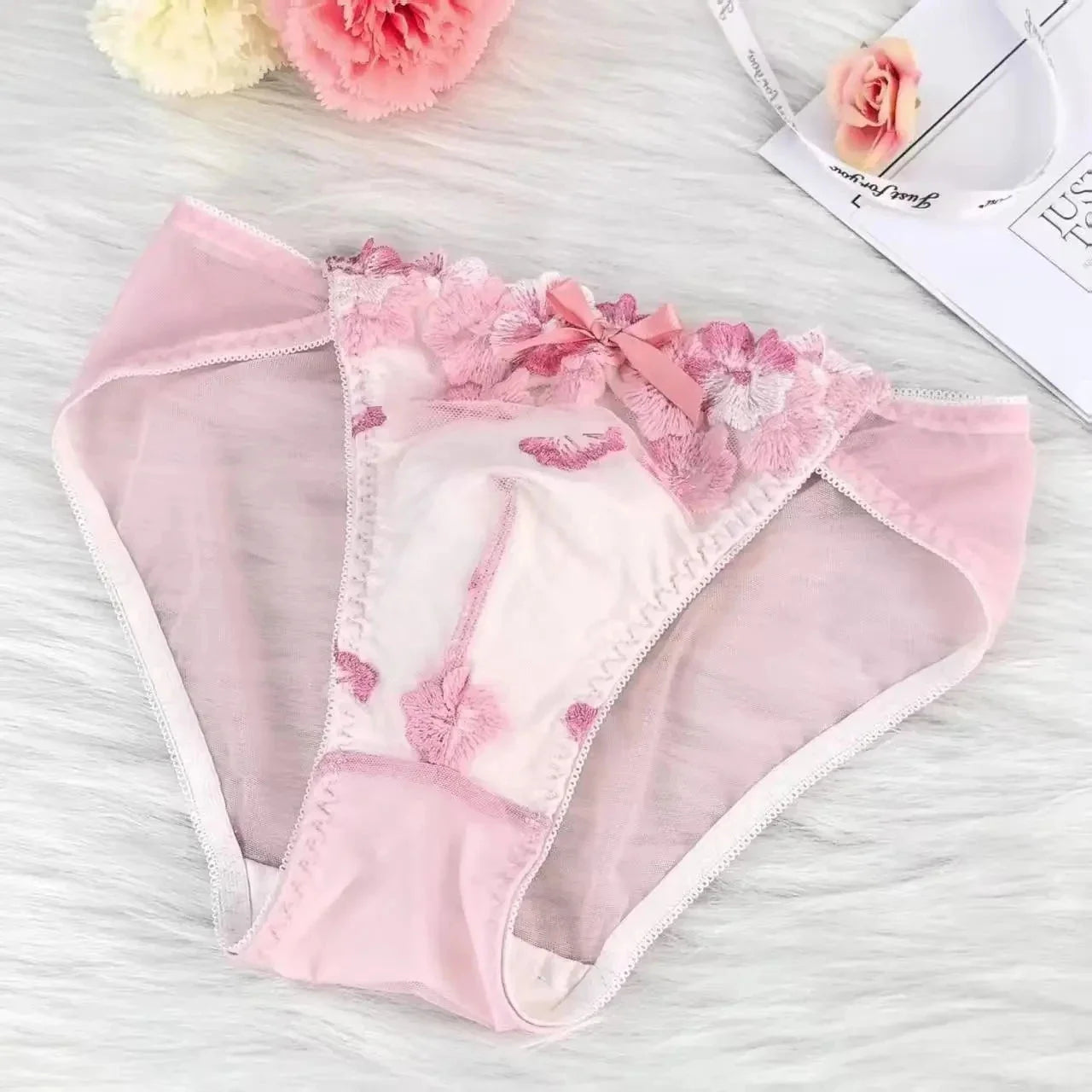 Floral Embroidered Lace Briefs Panties - Pink & Sky Blue