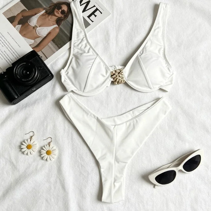 low waist steel bra bikini set, pure color seductive two-piece swimwear