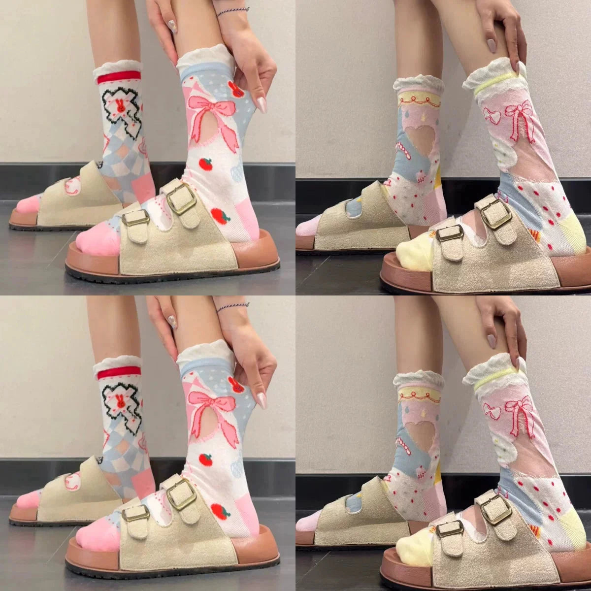 Cute Patterned Crew Socks for Women - Girly Bow Heart Bunny Designs