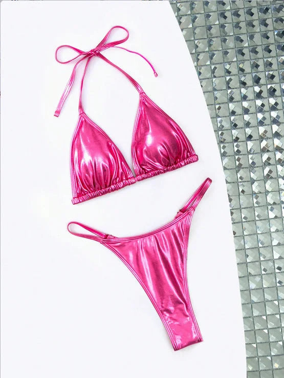Sexy Matte Black Metallic Bikini Set - Adjustable Halter Triangle & Tie Side
