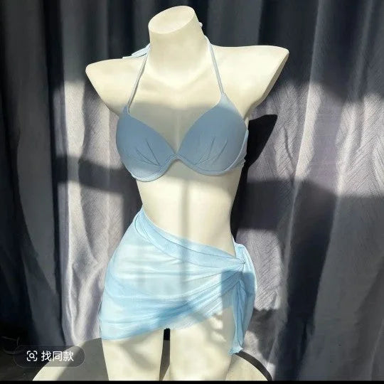 Blue Knit Sweater Bikini Set with Sheer Skirt