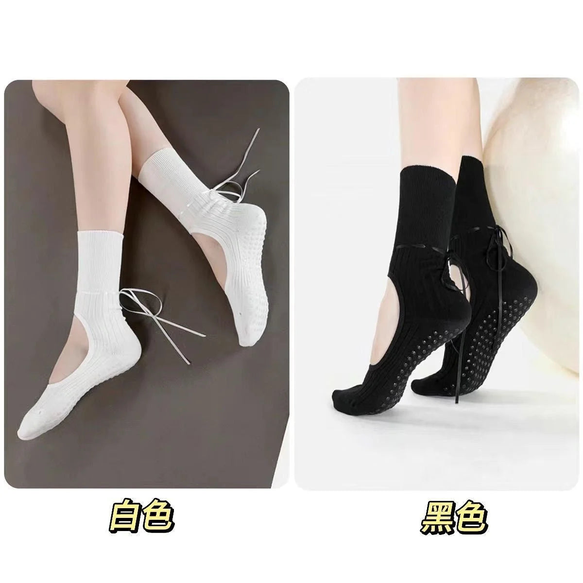 Anti-Slip Pilates Socks with Ribbon Ties - Mid Calf Grip Socks