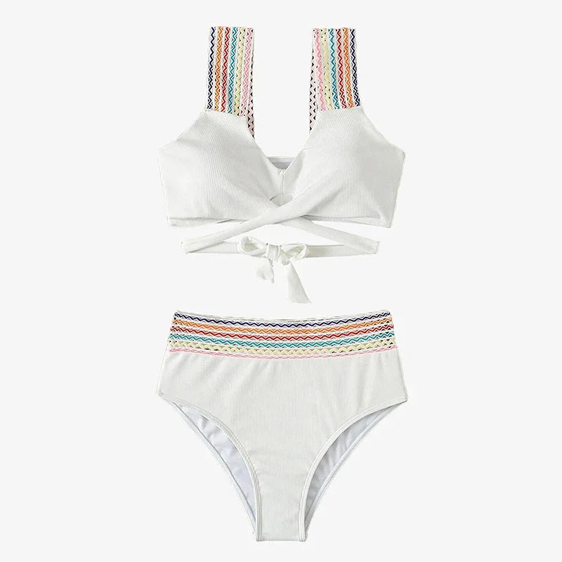 High Waisted Ribbed Bikini Set with Contrast Trim - Sexy Swimwear