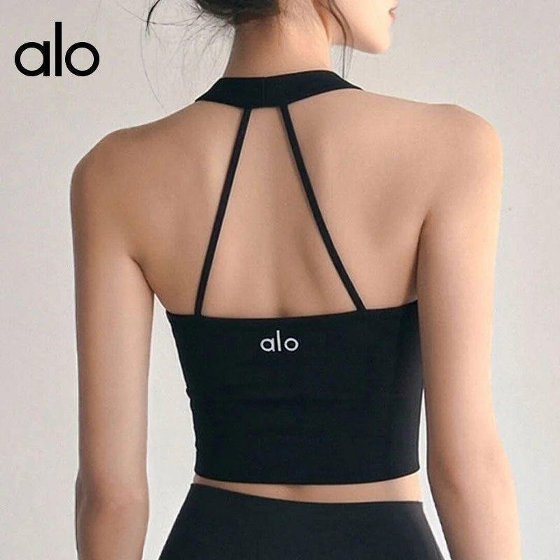 Halter Neck Criss Cross Back Sports Bra with Padded Cups