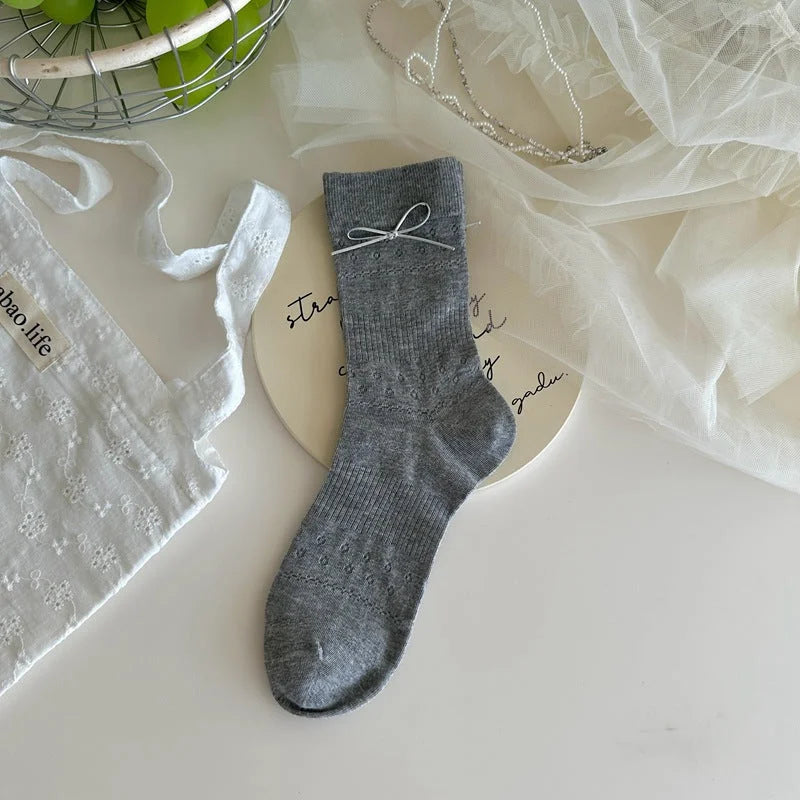Women's Bow Mesh Mid Calf Socks Cute Japanese Style Summer Ankle Socks