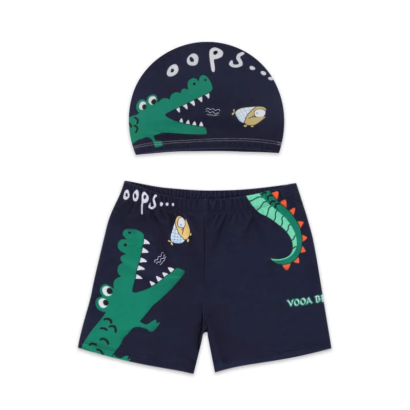 Children's Cartoon Swimwear Trunks & Caps