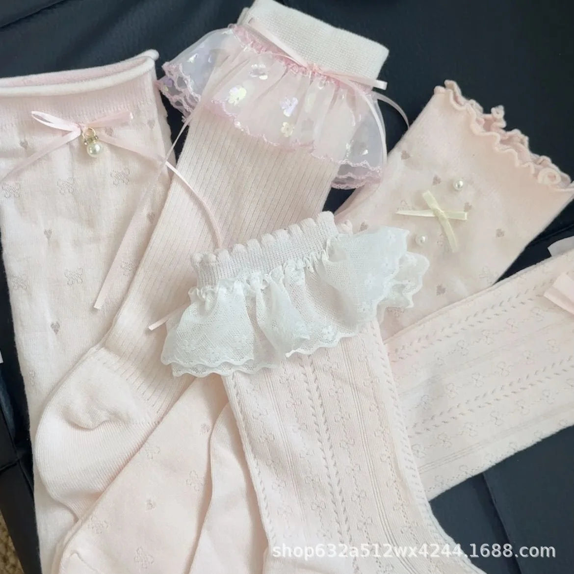 Pink Lace Bow Ruffle Socks - Cute Frilly Knee High Stockings