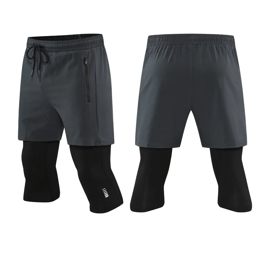 Men's Polyester Fake Two-Piece Compression Running Shorts