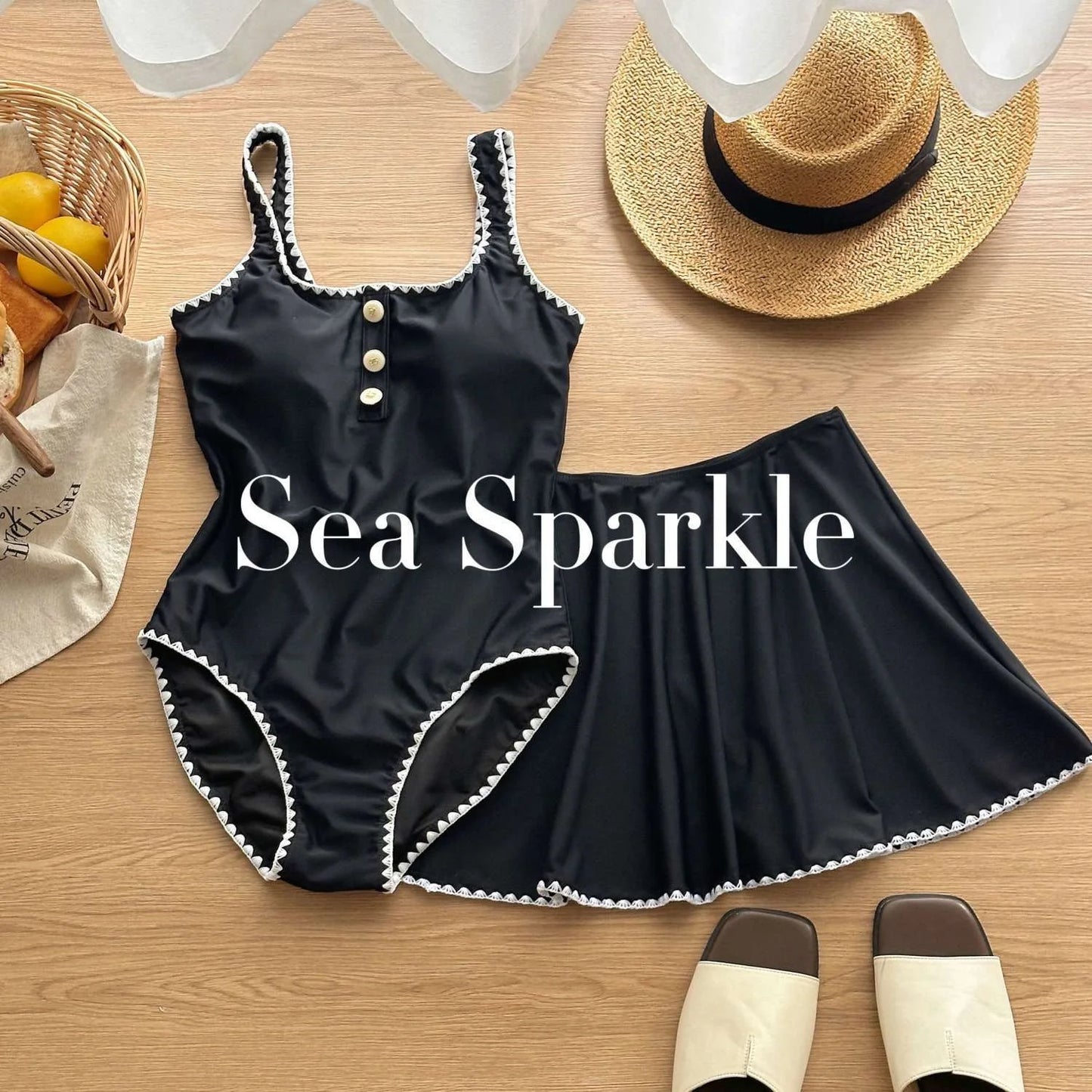 High-End Embroidery Trim Black One-Piece Swimsuit with Skirt