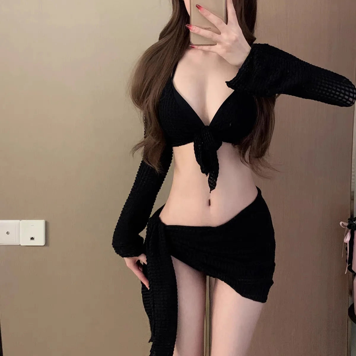 Sexy Four-Piece Bikini Set with Plunging Neckline and Tie Front