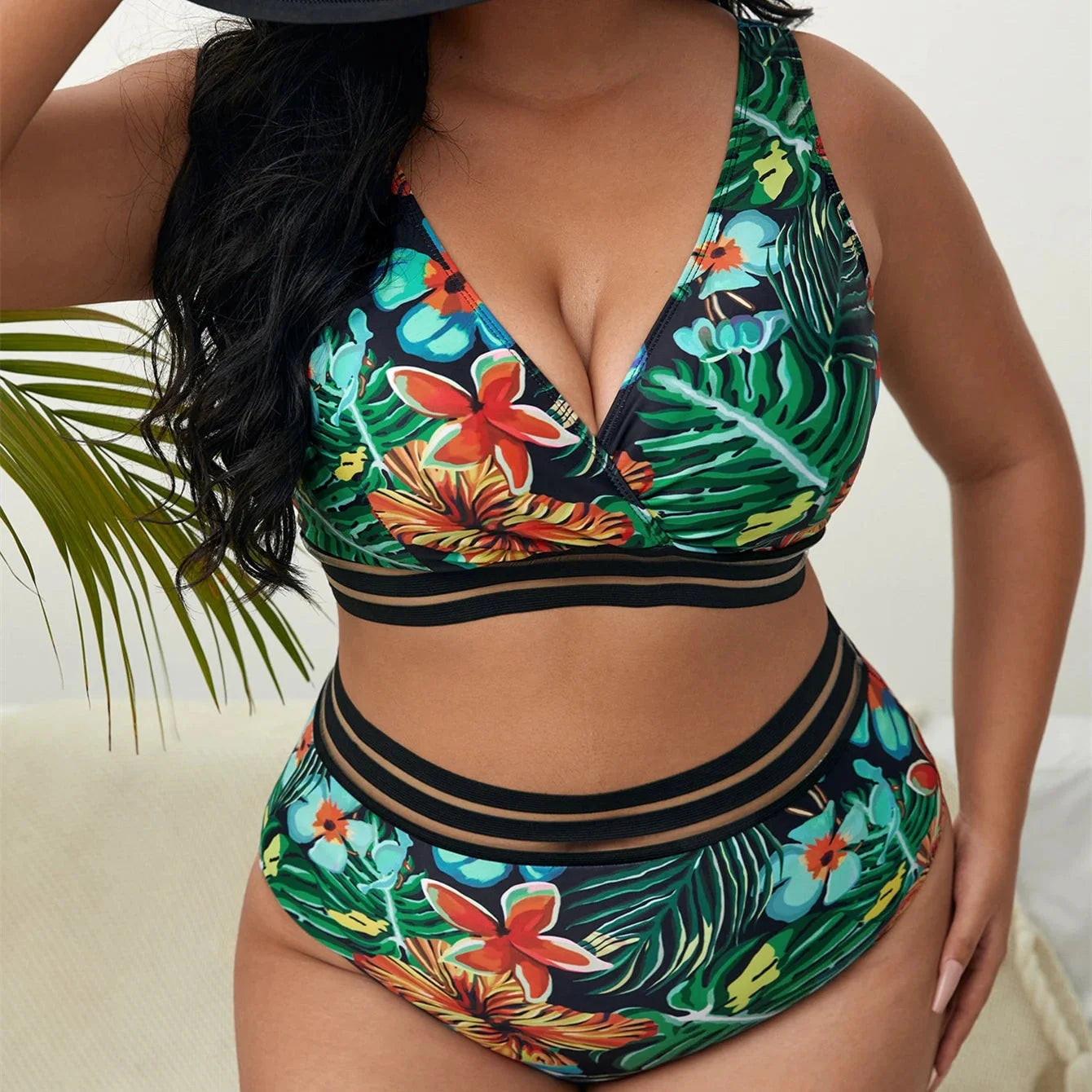 Plus Size High Waisted Leaf Print Bikini Set - Tropical Two Piece Swimwear