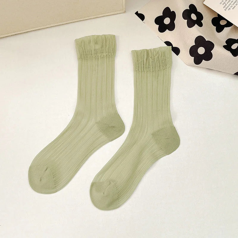 Breathable Mid Calf Sheer Socks for Women - Summer Thin Ribbed Crew Socks