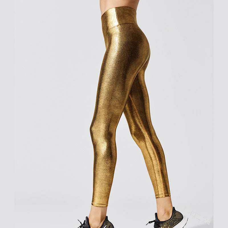 High-Waisted Metallic Leggings Pure Colour Yoga Pants Butt-Lifting Pencil Leggings