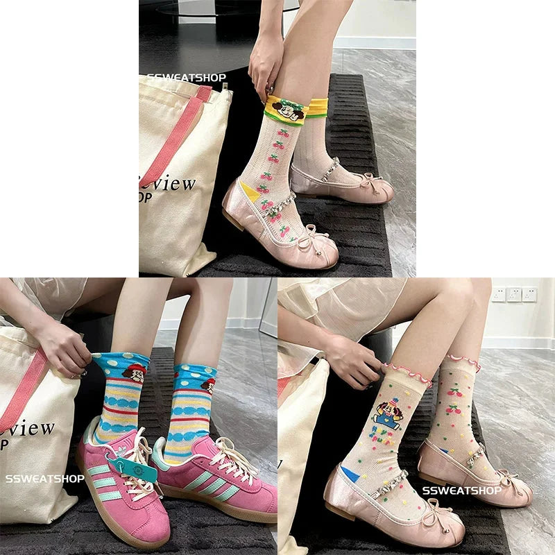 Sheer Lace Cute Dog Pattern Mid Calf Socks for Women - Breathable Thin Fashion