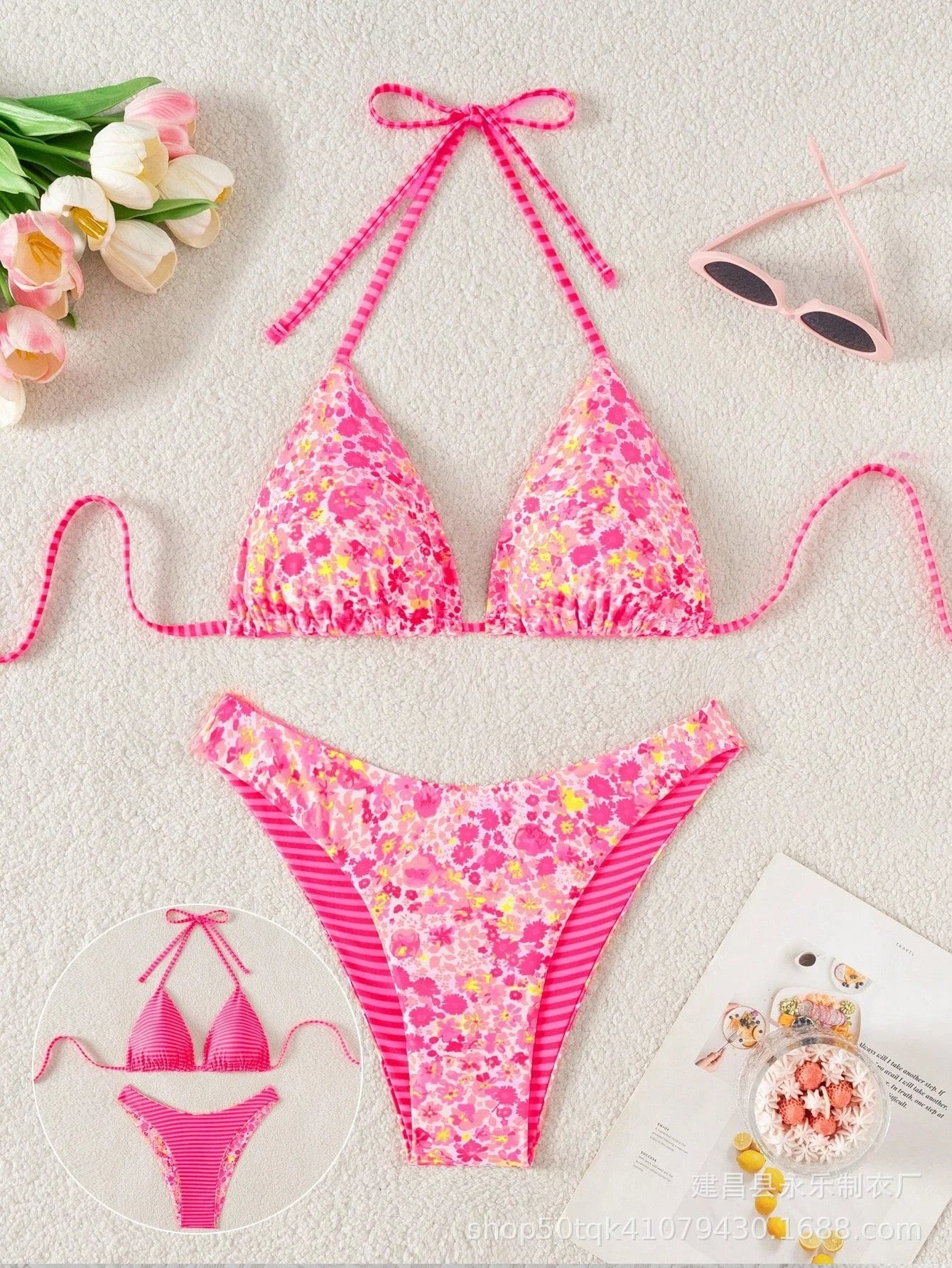 Floral print bikini set with tie front triangle top
