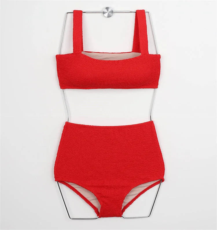 high waist two piece bikini set, colour blocking, figure sculpting swimwear