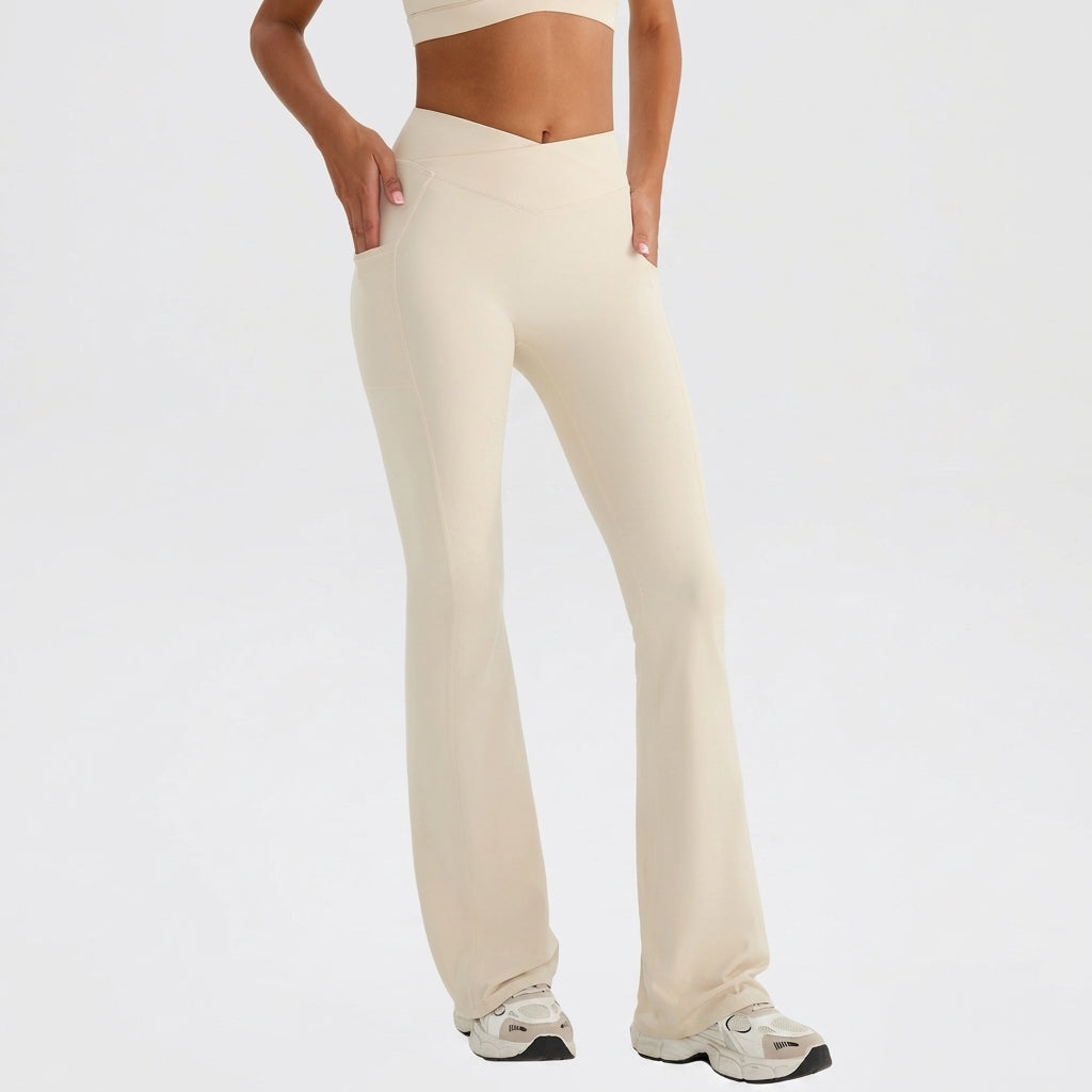 High-Waist Cross-V Flared Yoga Pants Side Pockets