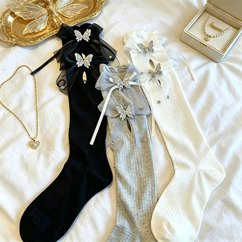 Knee High Socks with Bows Lace Trim Cute Fashion Stockings