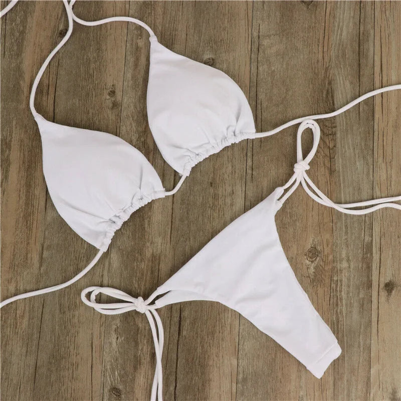 Pure Colour Three-Point Bikini with Adjustable Ties