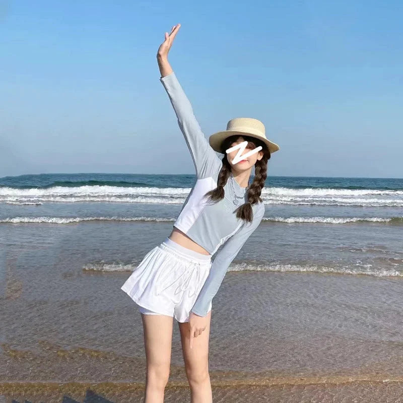 Long Sleeve Swimwear Set for Women - Conservative High-Waisted Two Piece with Long Sleeves
